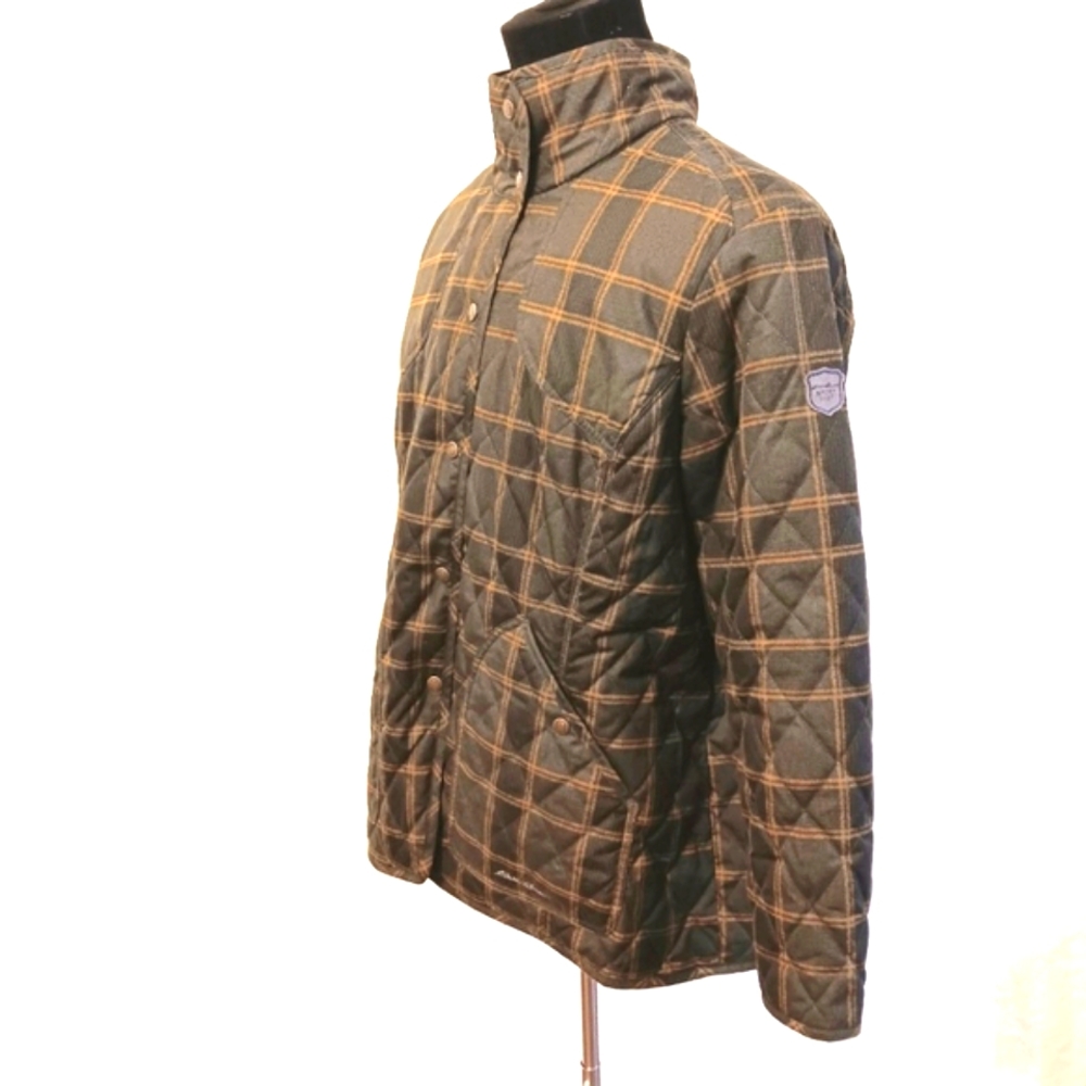 Eddie Bauer quilted button-up, green plaid coat w adjustable snaps. 2X